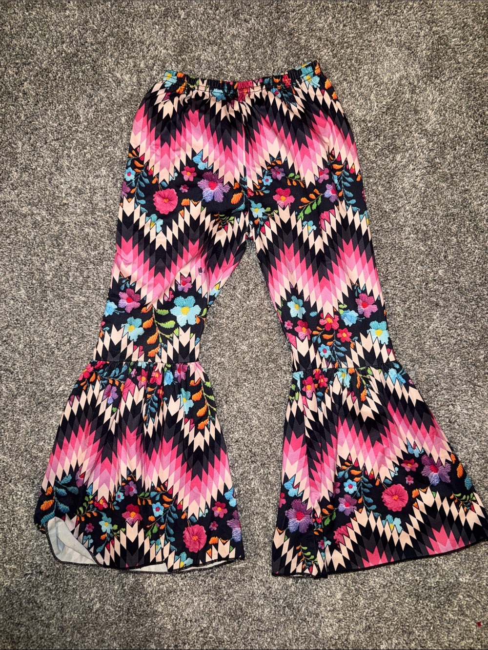 Girls' Pink Floral Chevron Bell-Bottom Pants